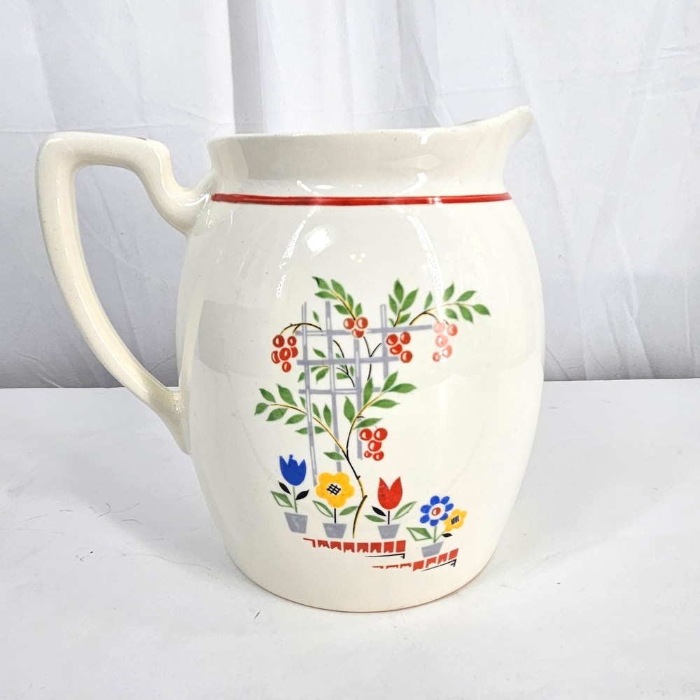 Vintage MCM Floral Trellis Pitcher Ivory Ceramic Water Jug 7" Cottage Grandma